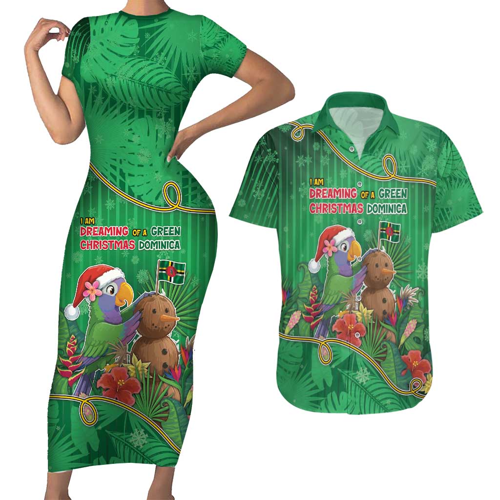 Dominica Christmas Couples Matching Short Sleeve Bodycon Dress and Hawaiian Shirt I Am Dreaming Of A Green Christmas - Wonder Print Shop