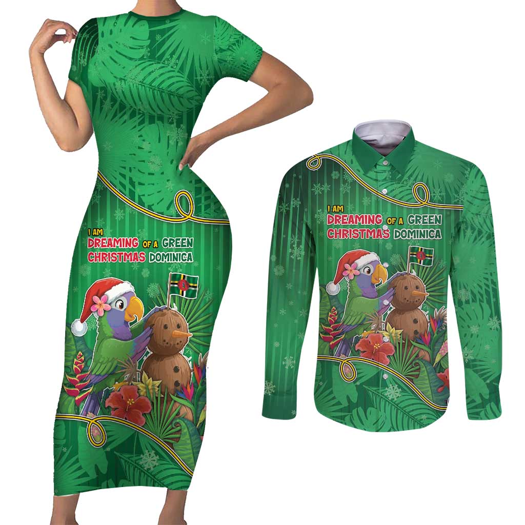 Dominica Christmas Couples Matching Short Sleeve Bodycon Dress and Long Sleeve Button Shirt I Am Dreaming Of A Green Christmas - Wonder Print Shop