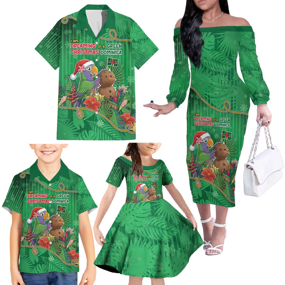 Dominica Christmas Family Matching Off The Shoulder Long Sleeve Dress and Hawaiian Shirt I Am Dreaming Of A Green Christmas - Wonder Print Shop