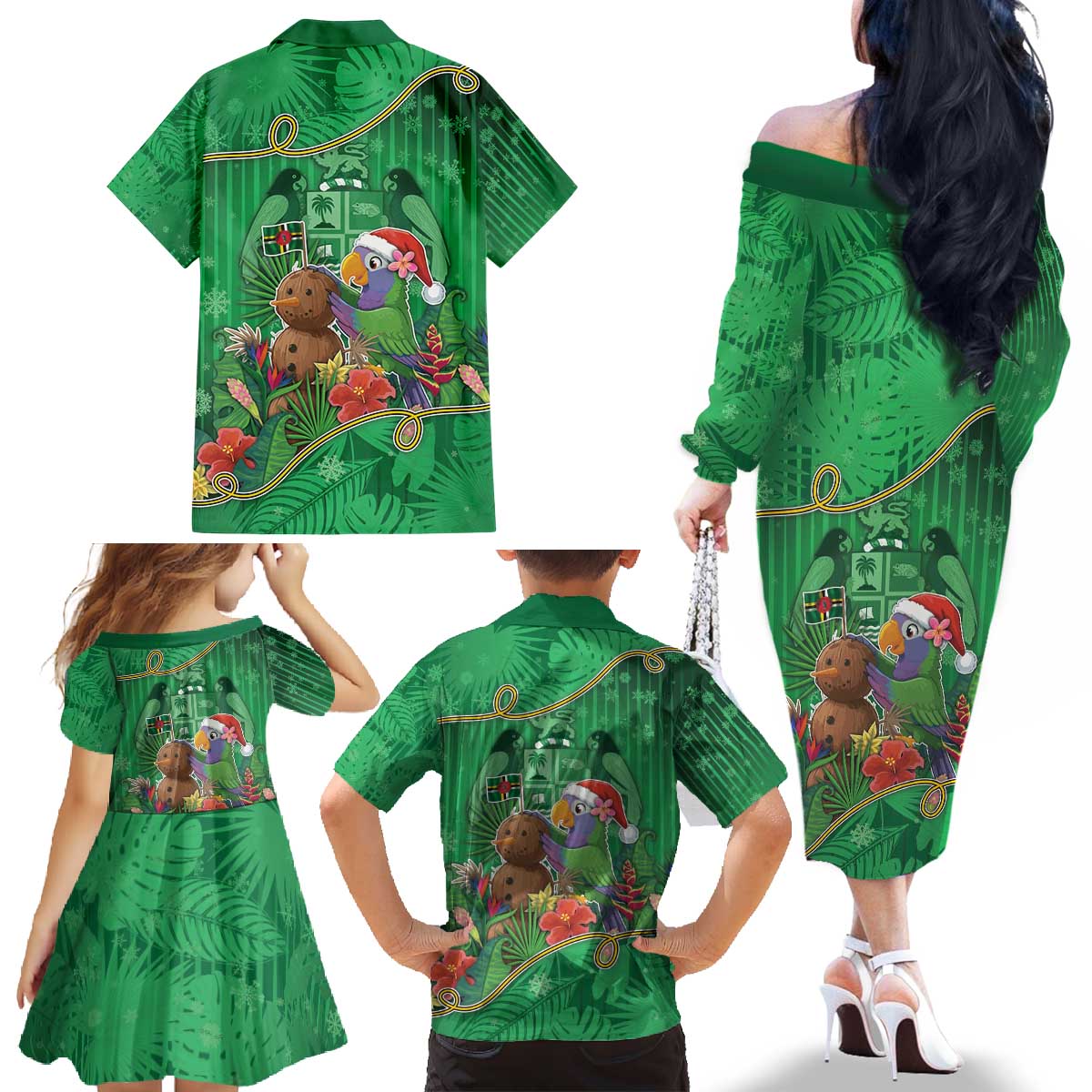 Dominica Christmas Family Matching Off The Shoulder Long Sleeve Dress and Hawaiian Shirt I Am Dreaming Of A Green Christmas - Wonder Print Shop