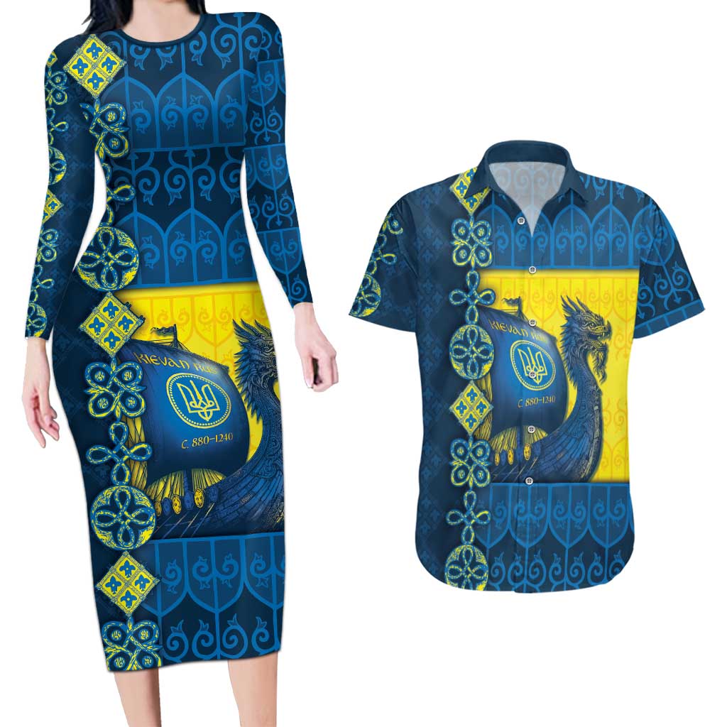 Kievan Rus Couples Matching Long Sleeve Bodycon Dress and Hawaiian Shirt Slavic Dragon Ship - Wonder Print Shop