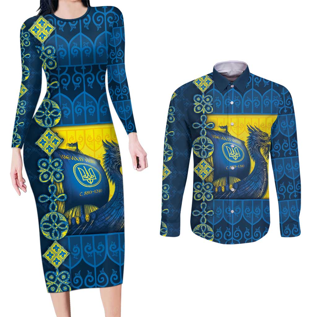 Kievan Rus Couples Matching Long Sleeve Bodycon Dress and Long Sleeve Button Shirt Slavic Dragon Ship - Wonder Print Shop