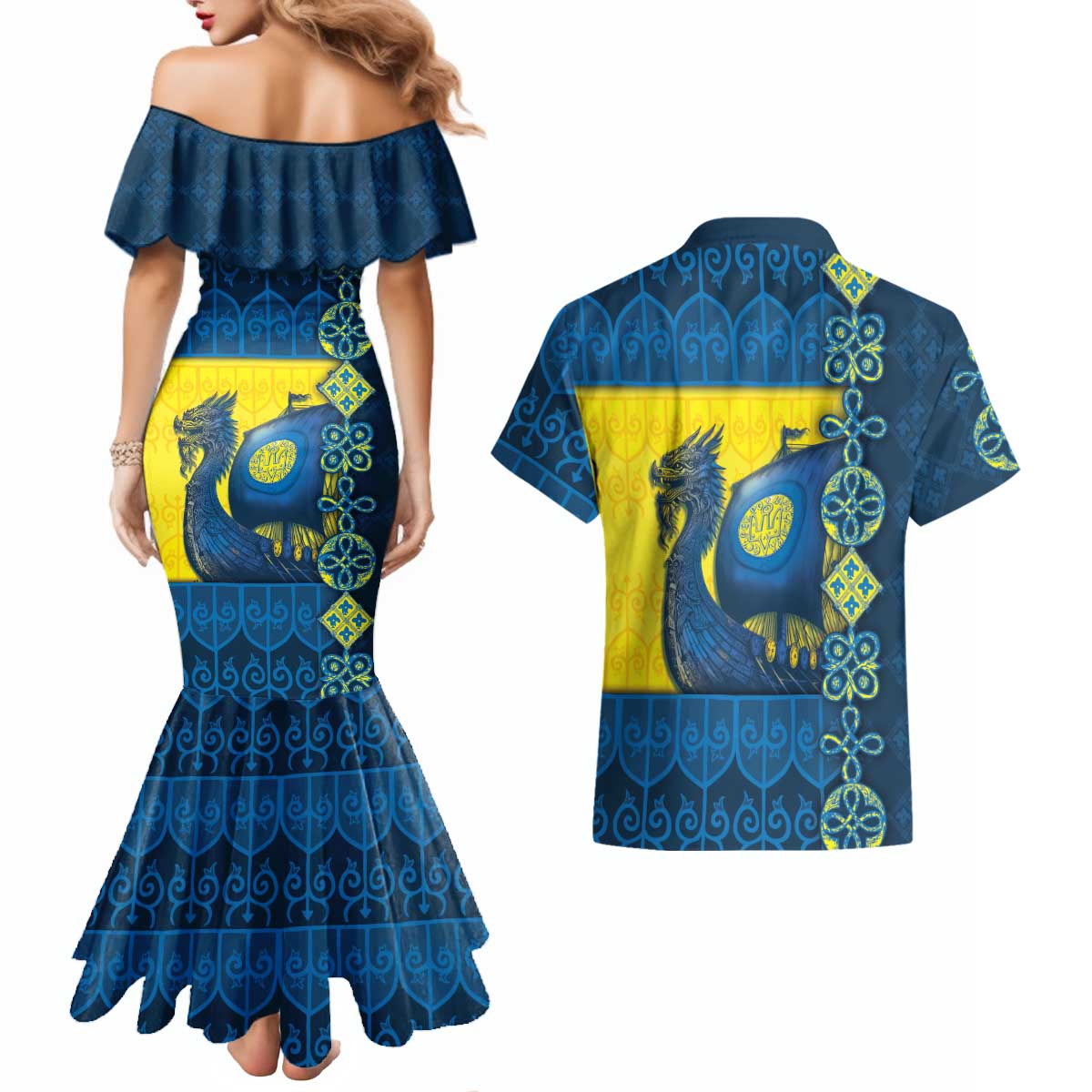 Kievan Rus Couples Matching Mermaid Dress and Hawaiian Shirt Slavic Dragon Ship - Wonder Print Shop