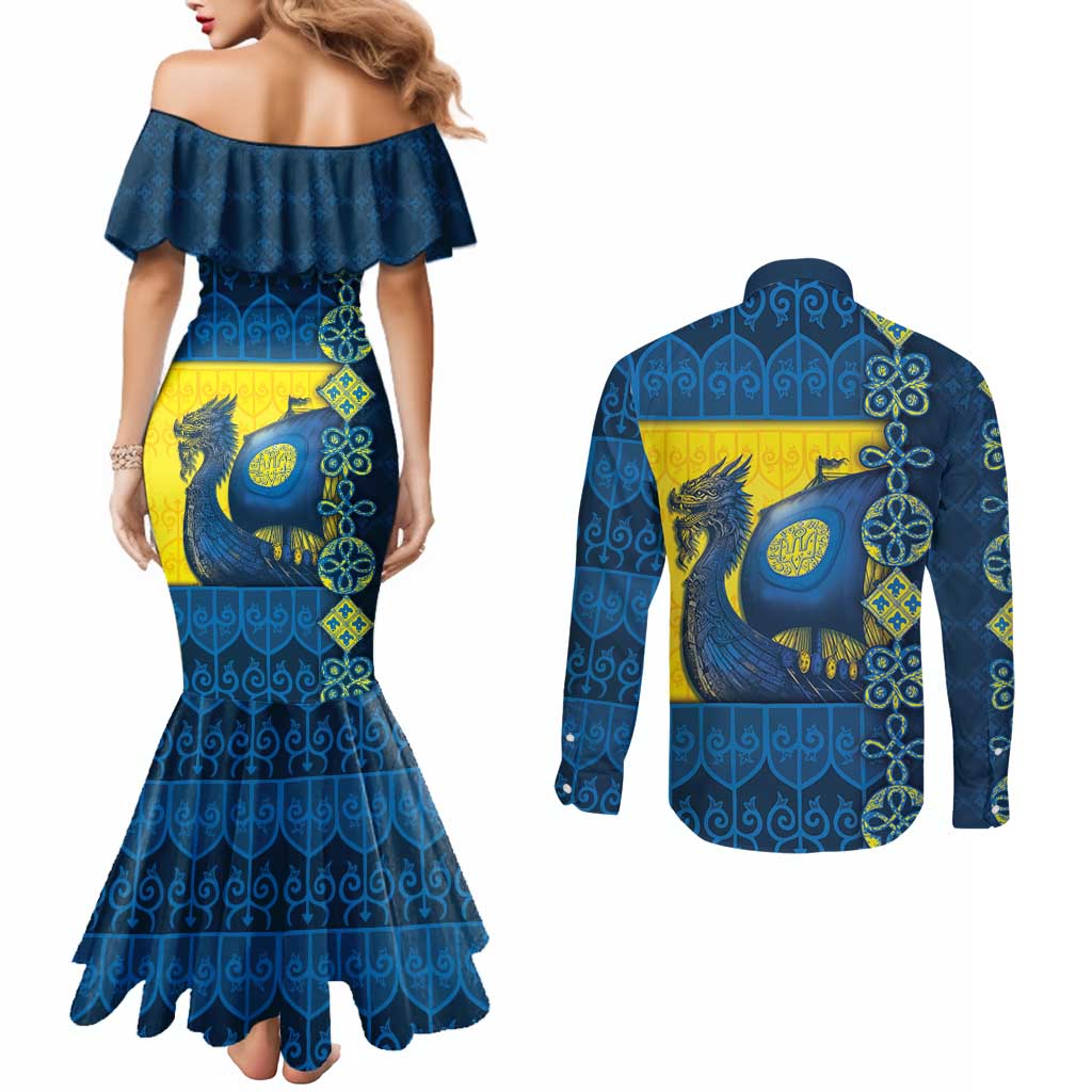 Kievan Rus Couples Matching Mermaid Dress and Long Sleeve Button Shirt Slavic Dragon Ship - Wonder Print Shop