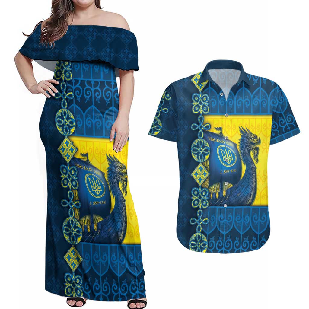 Kievan Rus Couples Matching Off Shoulder Maxi Dress and Hawaiian Shirt Slavic Dragon Ship - Wonder Print Shop