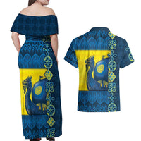 Kievan Rus Couples Matching Off Shoulder Maxi Dress and Hawaiian Shirt Slavic Dragon Ship - Wonder Print Shop