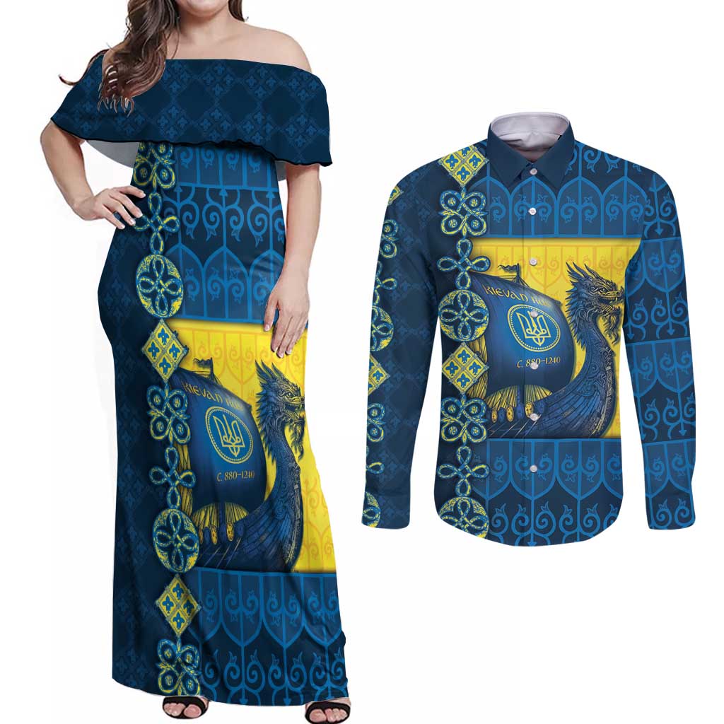 Kievan Rus Couples Matching Off Shoulder Maxi Dress and Long Sleeve Button Shirt Slavic Dragon Ship - Wonder Print Shop