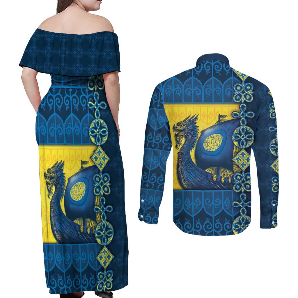 Kievan Rus Couples Matching Off Shoulder Maxi Dress and Long Sleeve Button Shirt Slavic Dragon Ship - Wonder Print Shop