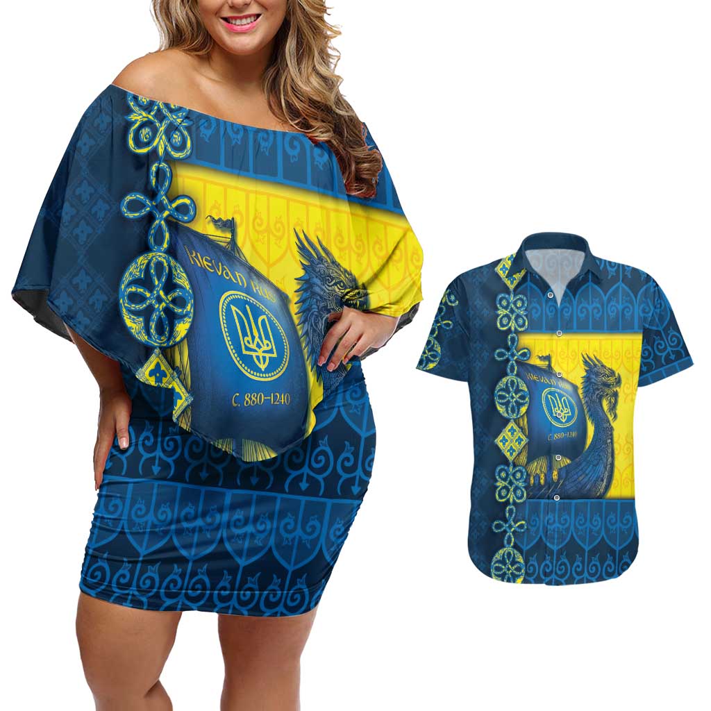 Kievan Rus Couples Matching Off Shoulder Short Dress and Hawaiian Shirt Slavic Dragon Ship - Wonder Print Shop