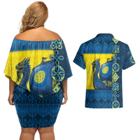 Kievan Rus Couples Matching Off Shoulder Short Dress and Hawaiian Shirt Slavic Dragon Ship - Wonder Print Shop