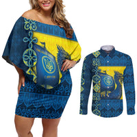 Kievan Rus Couples Matching Off Shoulder Short Dress and Long Sleeve Button Shirt Slavic Dragon Ship - Wonder Print Shop