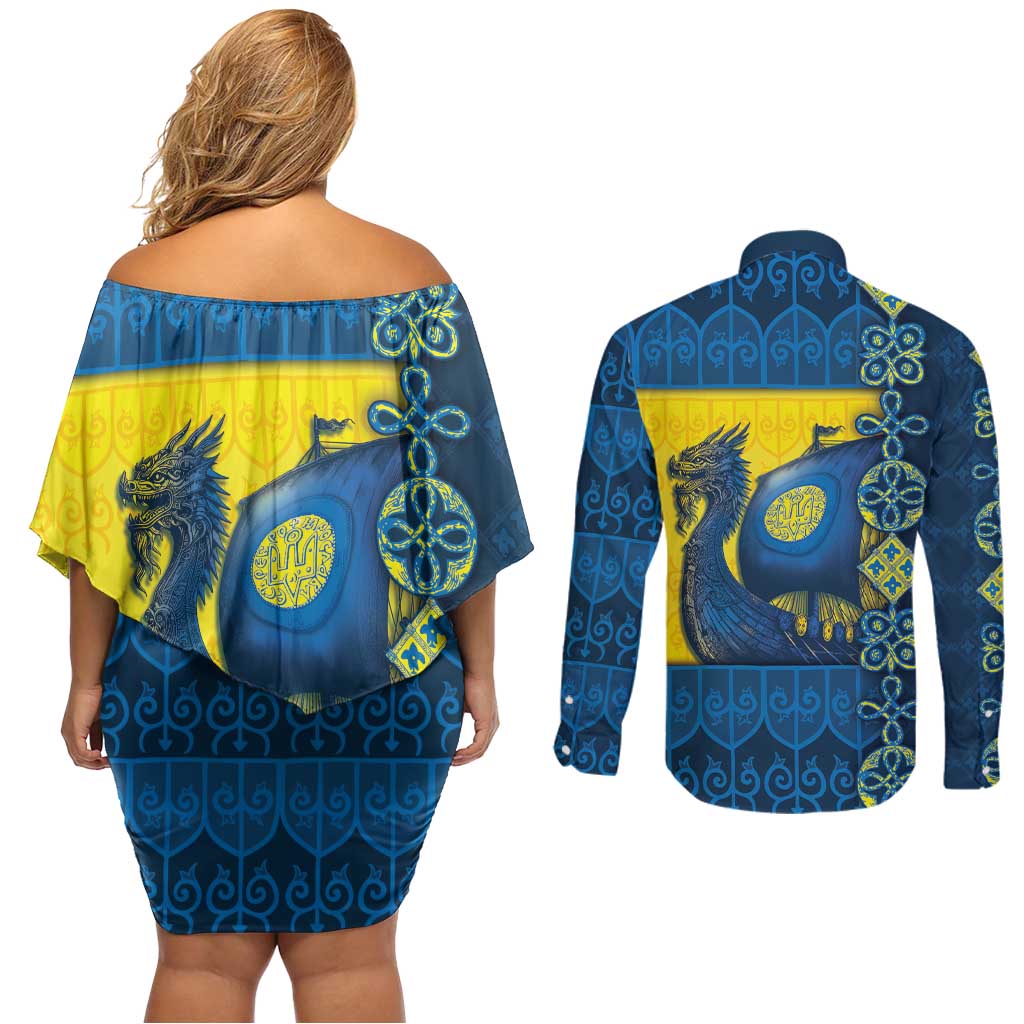 Kievan Rus Couples Matching Off Shoulder Short Dress and Long Sleeve Button Shirt Slavic Dragon Ship - Wonder Print Shop