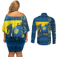 Kievan Rus Couples Matching Off Shoulder Short Dress and Long Sleeve Button Shirt Slavic Dragon Ship - Wonder Print Shop
