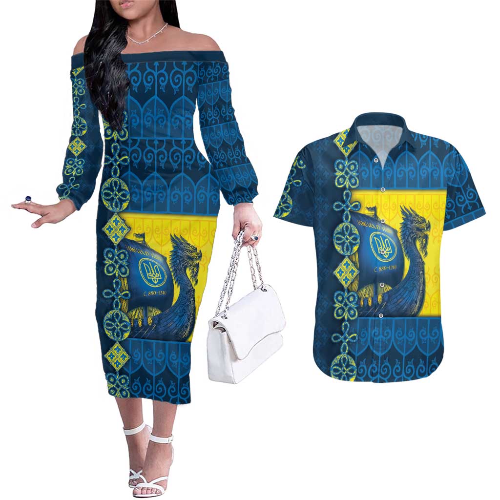 Kievan Rus Couples Matching Off The Shoulder Long Sleeve Dress and Hawaiian Shirt Slavic Dragon Ship - Wonder Print Shop