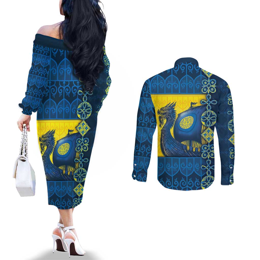 Kievan Rus Couples Matching Off The Shoulder Long Sleeve Dress and Long Sleeve Button Shirt Slavic Dragon Ship - Wonder Print Shop
