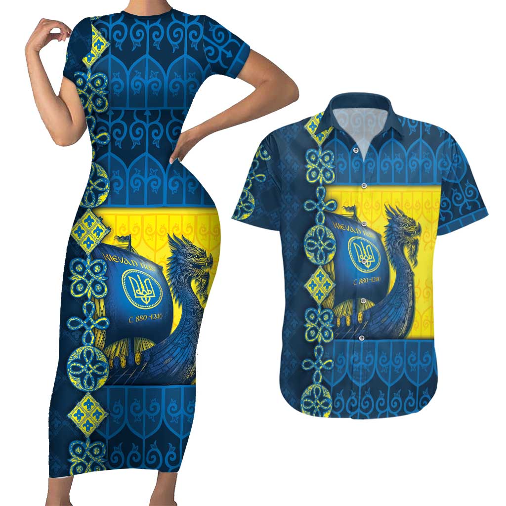 Kievan Rus Couples Matching Short Sleeve Bodycon Dress and Hawaiian Shirt Slavic Dragon Ship - Wonder Print Shop