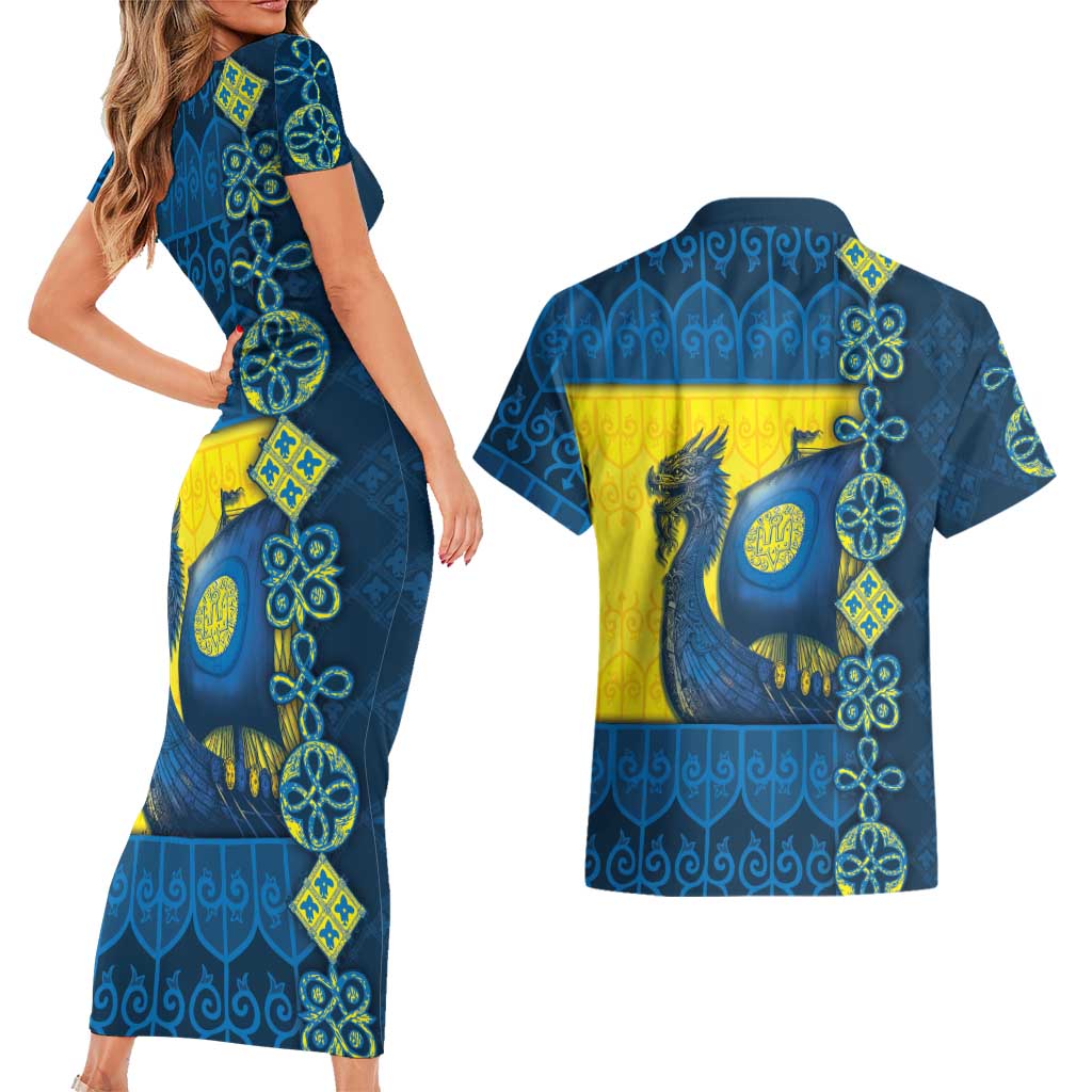 Kievan Rus Couples Matching Short Sleeve Bodycon Dress and Hawaiian Shirt Slavic Dragon Ship - Wonder Print Shop