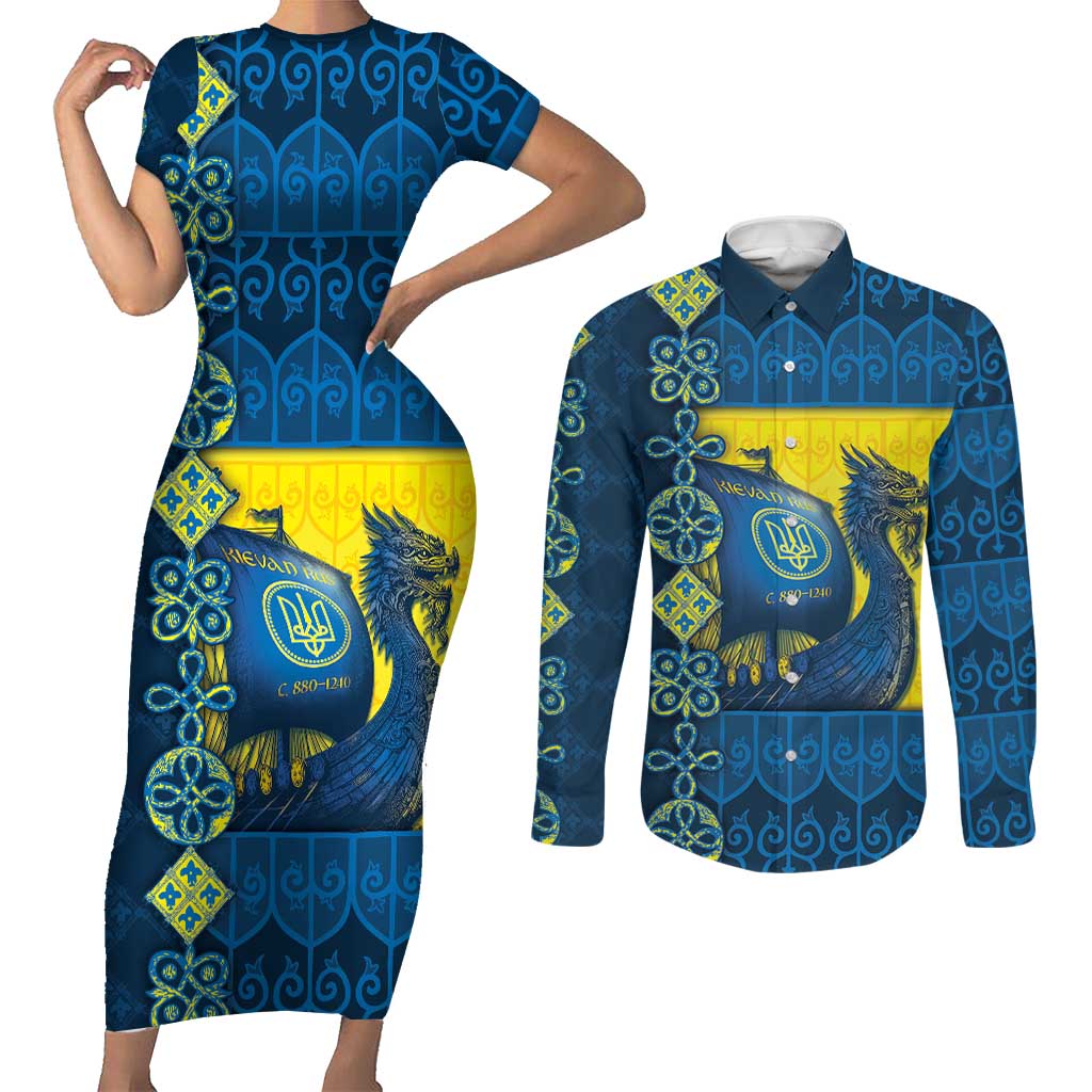 Kievan Rus Couples Matching Short Sleeve Bodycon Dress and Long Sleeve Button Shirt Slavic Dragon Ship - Wonder Print Shop