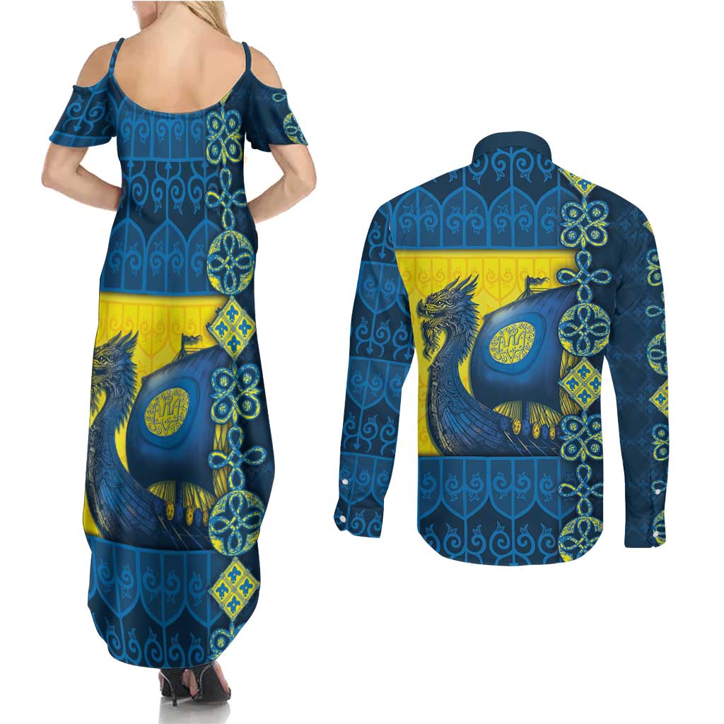 Kievan Rus Couples Matching Summer Maxi Dress and Long Sleeve Button Shirt Slavic Dragon Ship - Wonder Print Shop