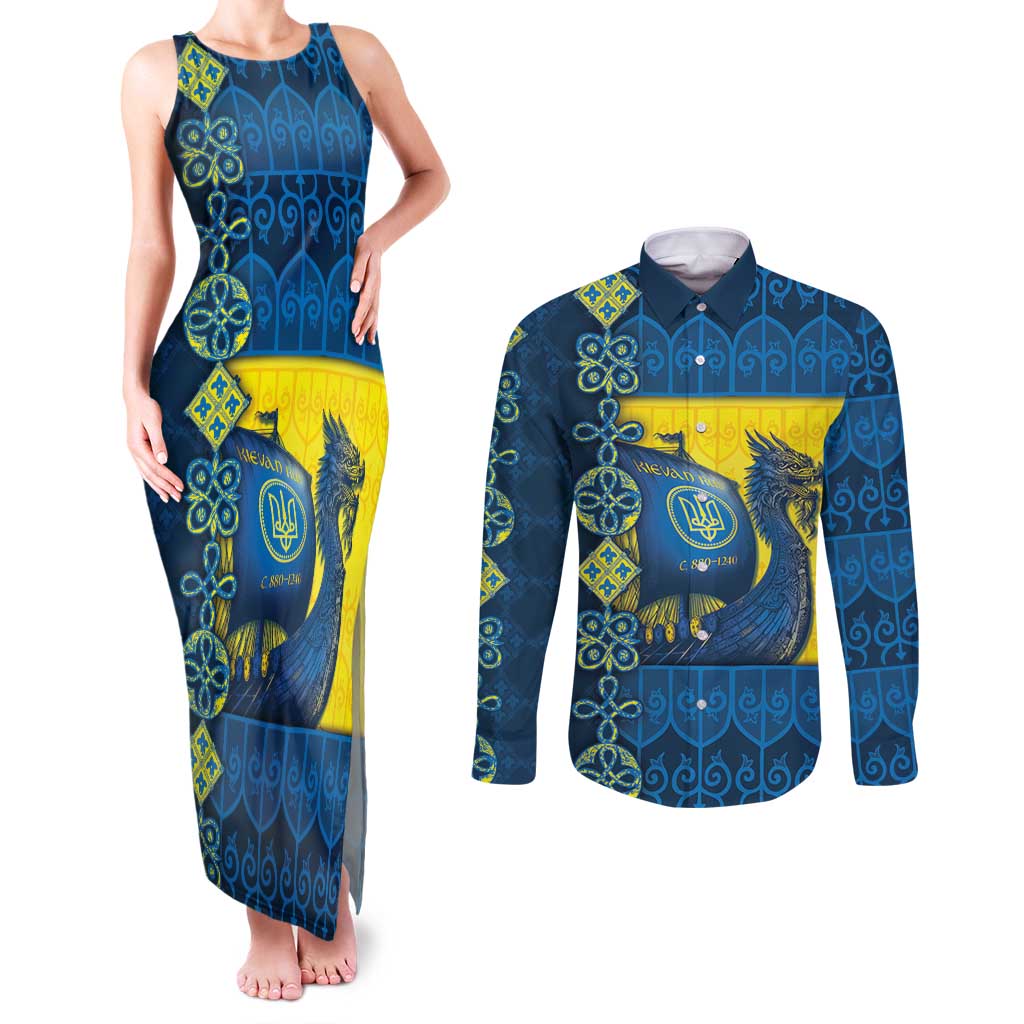 Kievan Rus Couples Matching Tank Maxi Dress and Long Sleeve Button Shirt Slavic Dragon Ship - Wonder Print Shop
