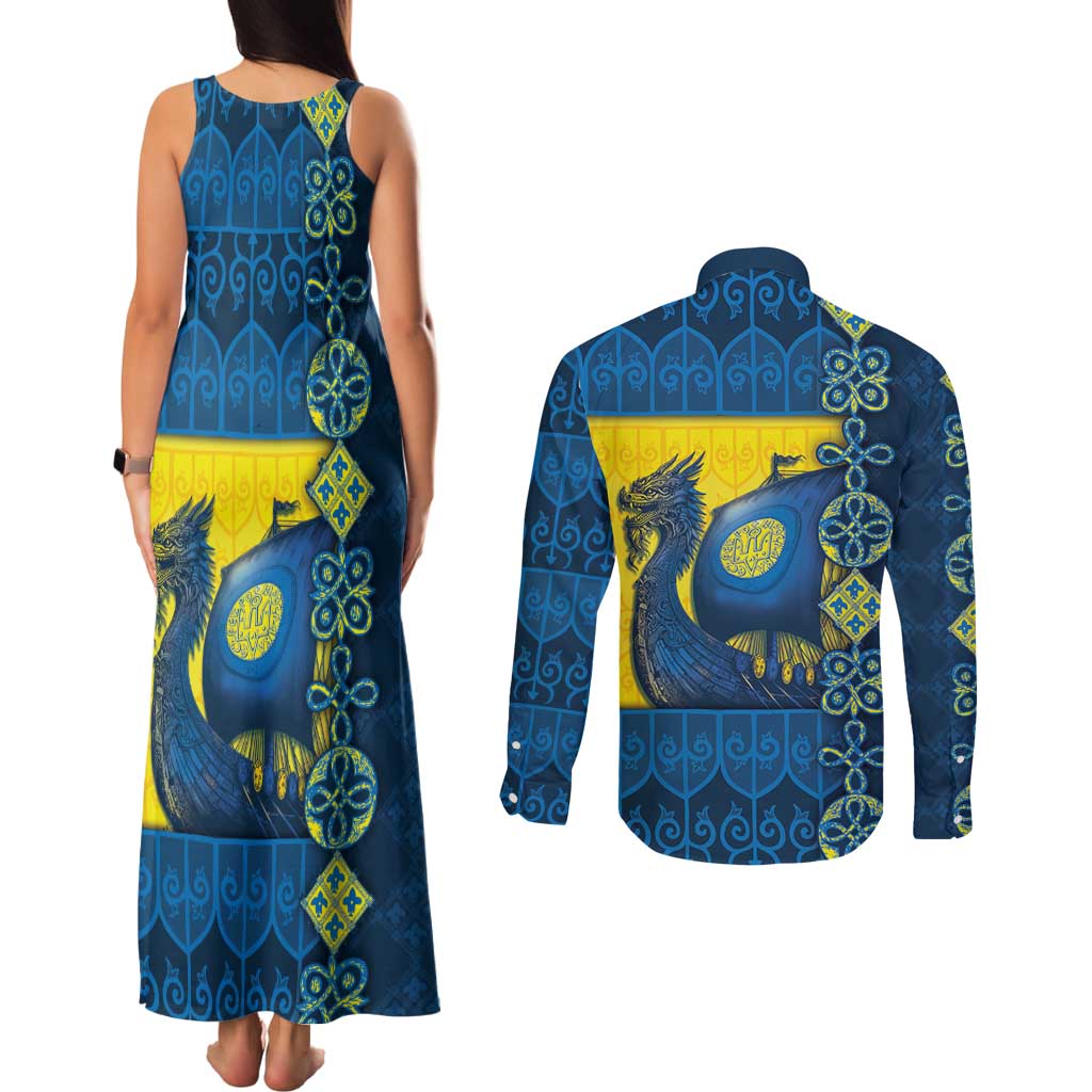 Kievan Rus Couples Matching Tank Maxi Dress and Long Sleeve Button Shirt Slavic Dragon Ship - Wonder Print Shop