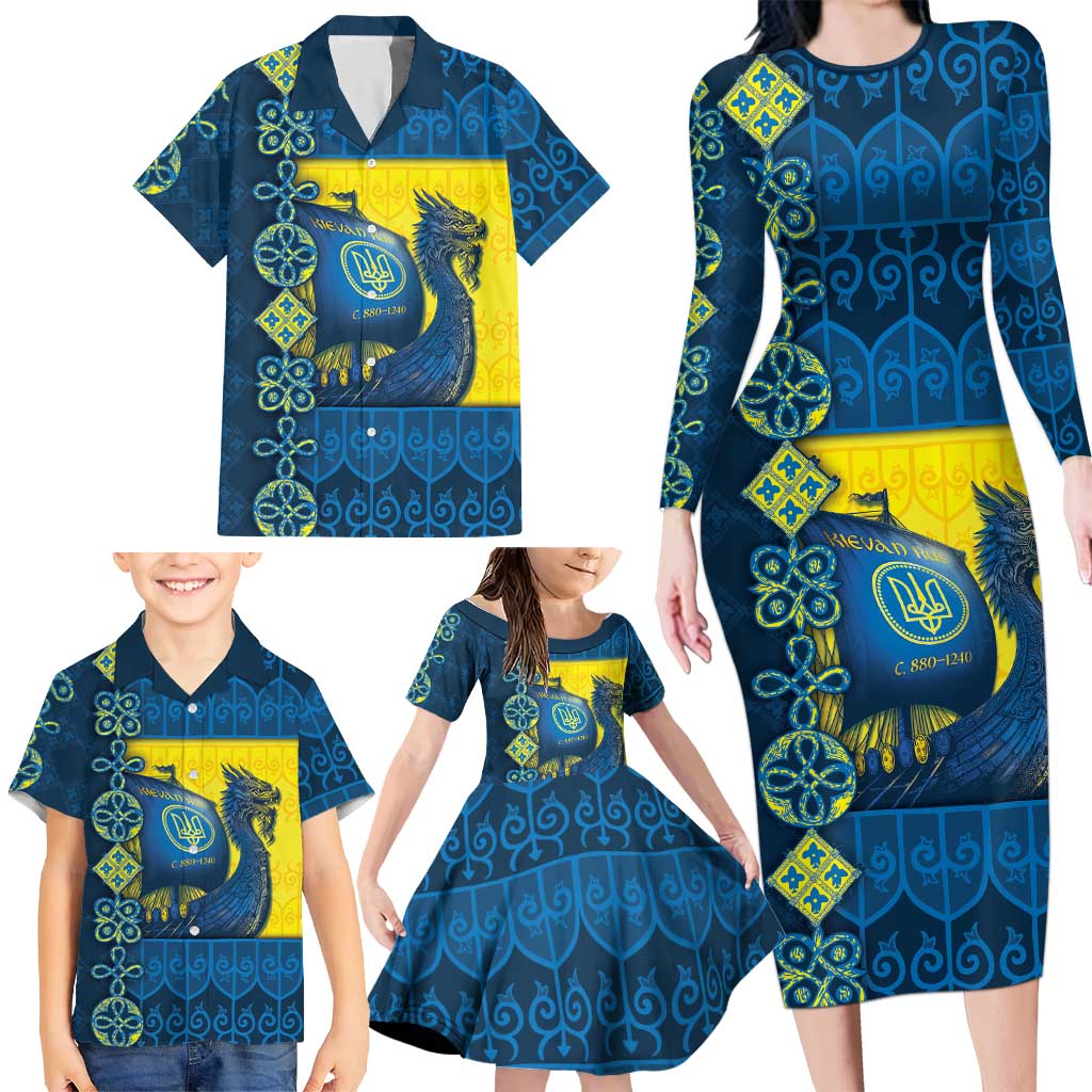 Kievan Rus Family Matching Long Sleeve Bodycon Dress and Hawaiian Shirt Slavic Dragon Ship - Wonder Print Shop