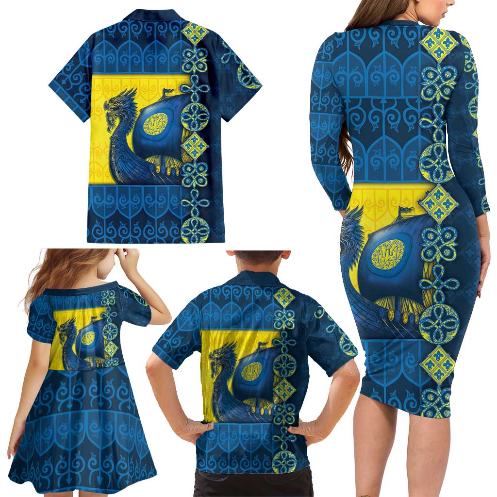 Kievan Rus Family Matching Long Sleeve Bodycon Dress and Hawaiian Shirt Slavic Dragon Ship - Wonder Print Shop