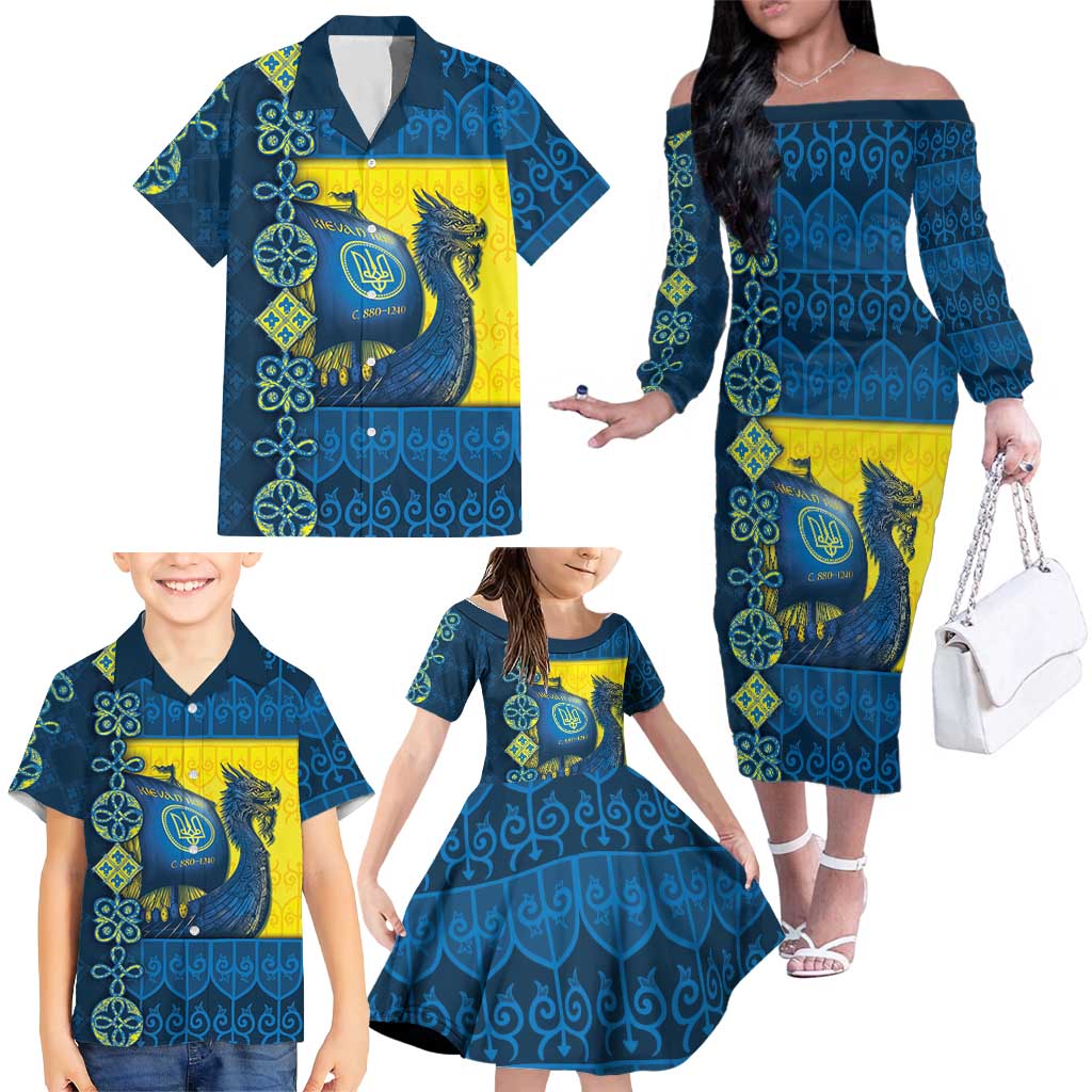 Kievan Rus Family Matching Off The Shoulder Long Sleeve Dress and Hawaiian Shirt Slavic Dragon Ship - Wonder Print Shop