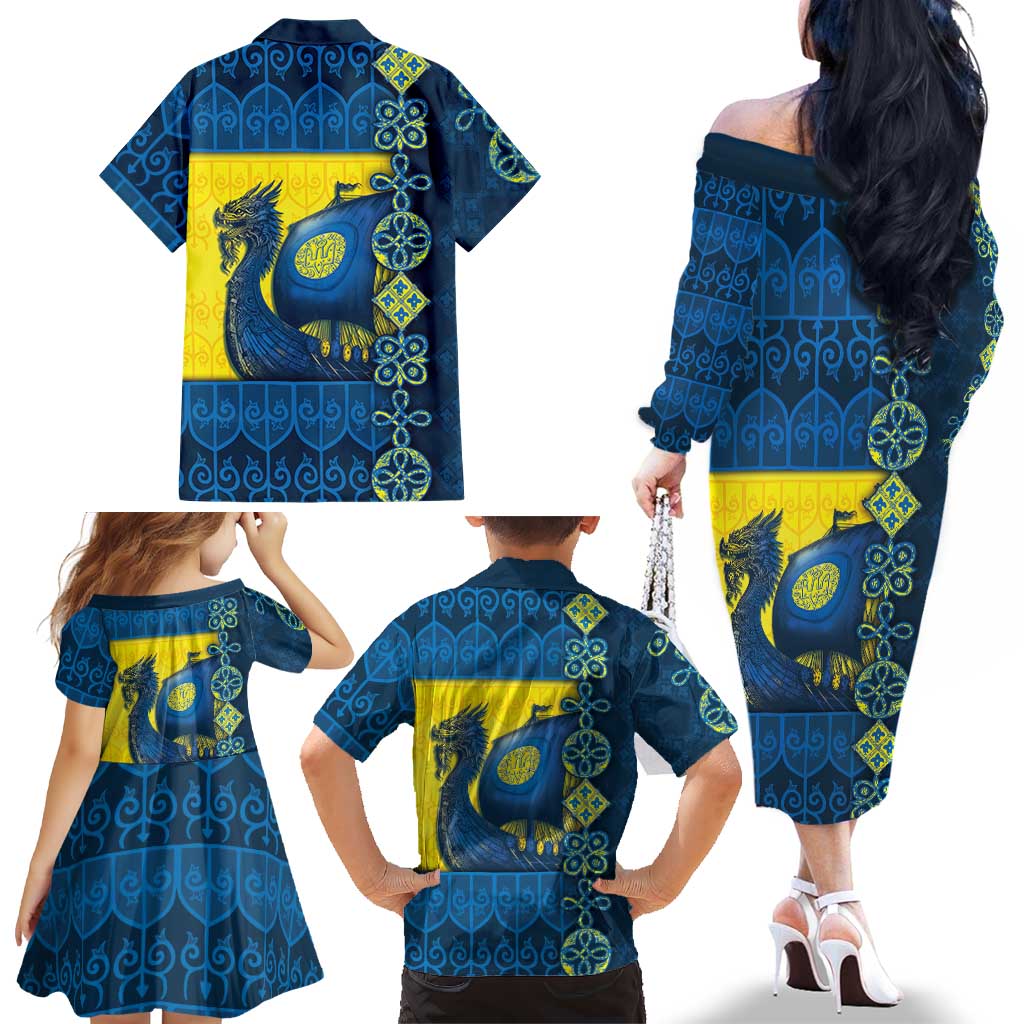 Kievan Rus Family Matching Off The Shoulder Long Sleeve Dress and Hawaiian Shirt Slavic Dragon Ship - Wonder Print Shop