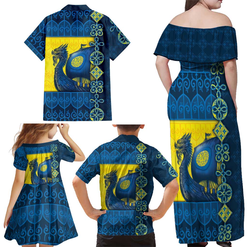 Kievan Rus Family Matching Off Shoulder Maxi Dress and Hawaiian Shirt Slavic Dragon Ship - Wonder Print Shop