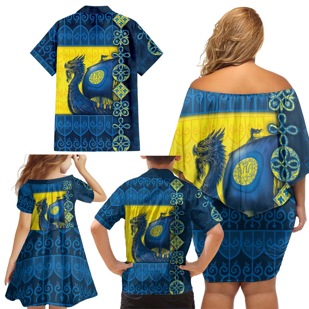 Kievan Rus Family Matching Off Shoulder Short Dress and Hawaiian Shirt Slavic Dragon Ship - Wonder Print Shop