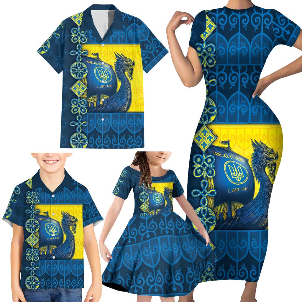 Kievan Rus Family Matching Short Sleeve Bodycon Dress and Hawaiian Shirt Slavic Dragon Ship - Wonder Print Shop