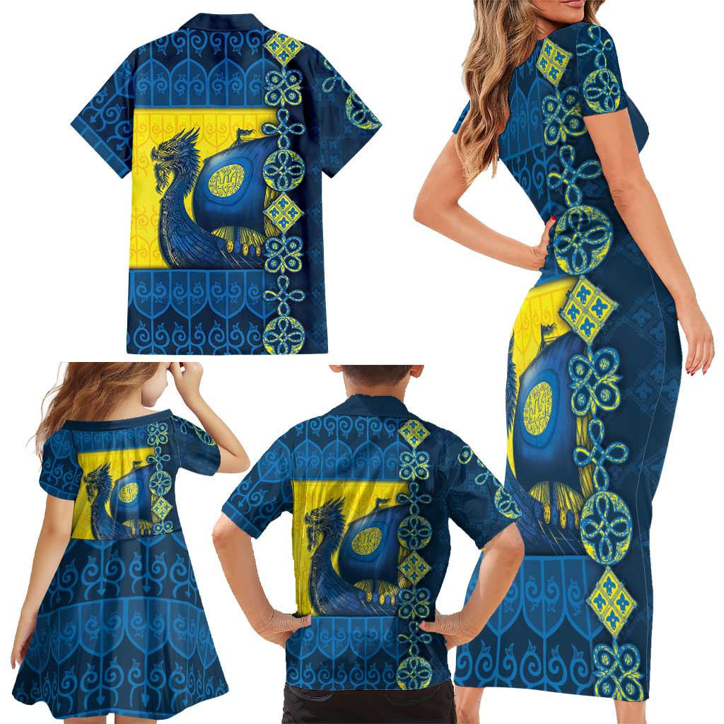 Kievan Rus Family Matching Short Sleeve Bodycon Dress and Hawaiian Shirt Slavic Dragon Ship - Wonder Print Shop