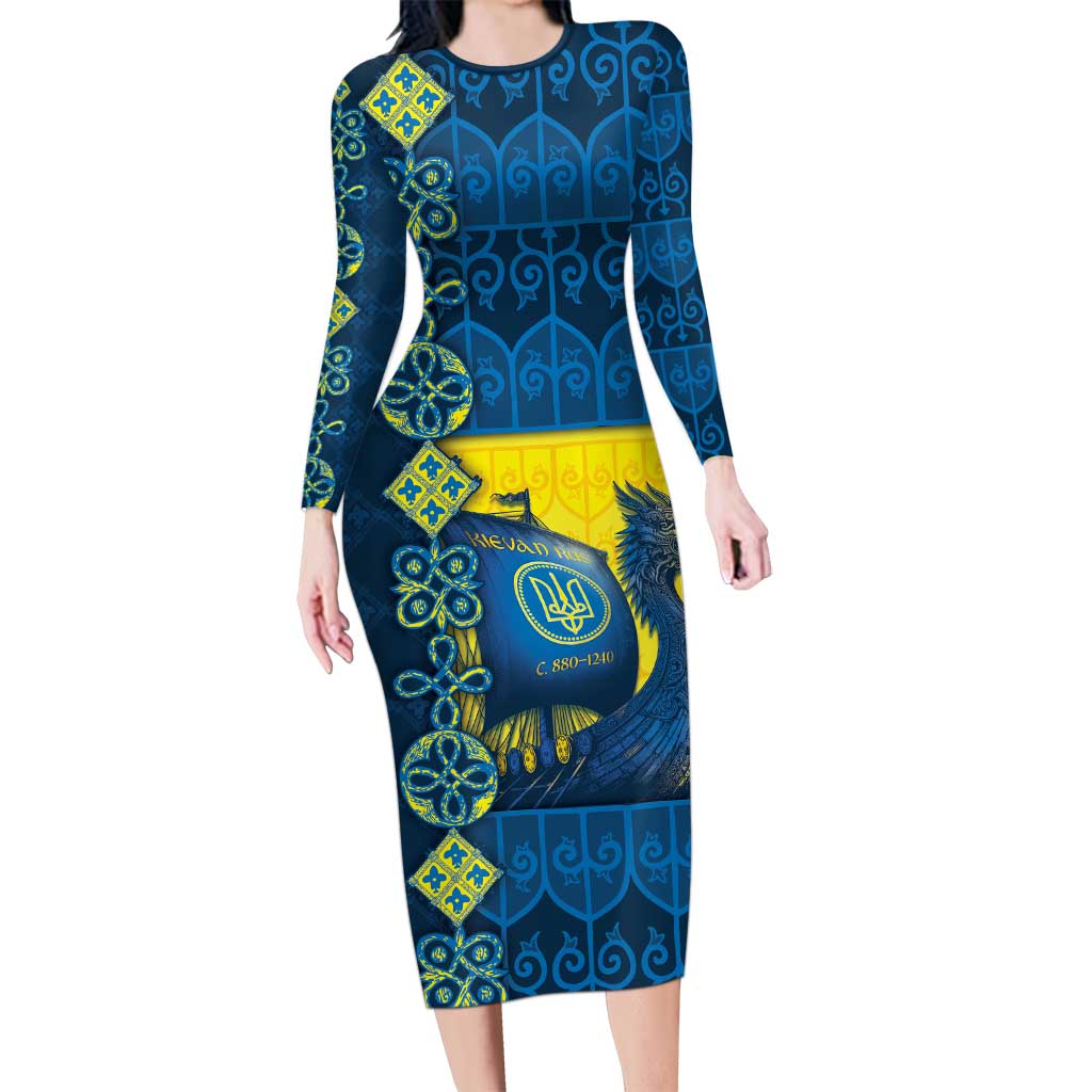 Kievan Rus Long Sleeve Bodycon Dress Slavic Dragon Ship - Wonder Print Shop