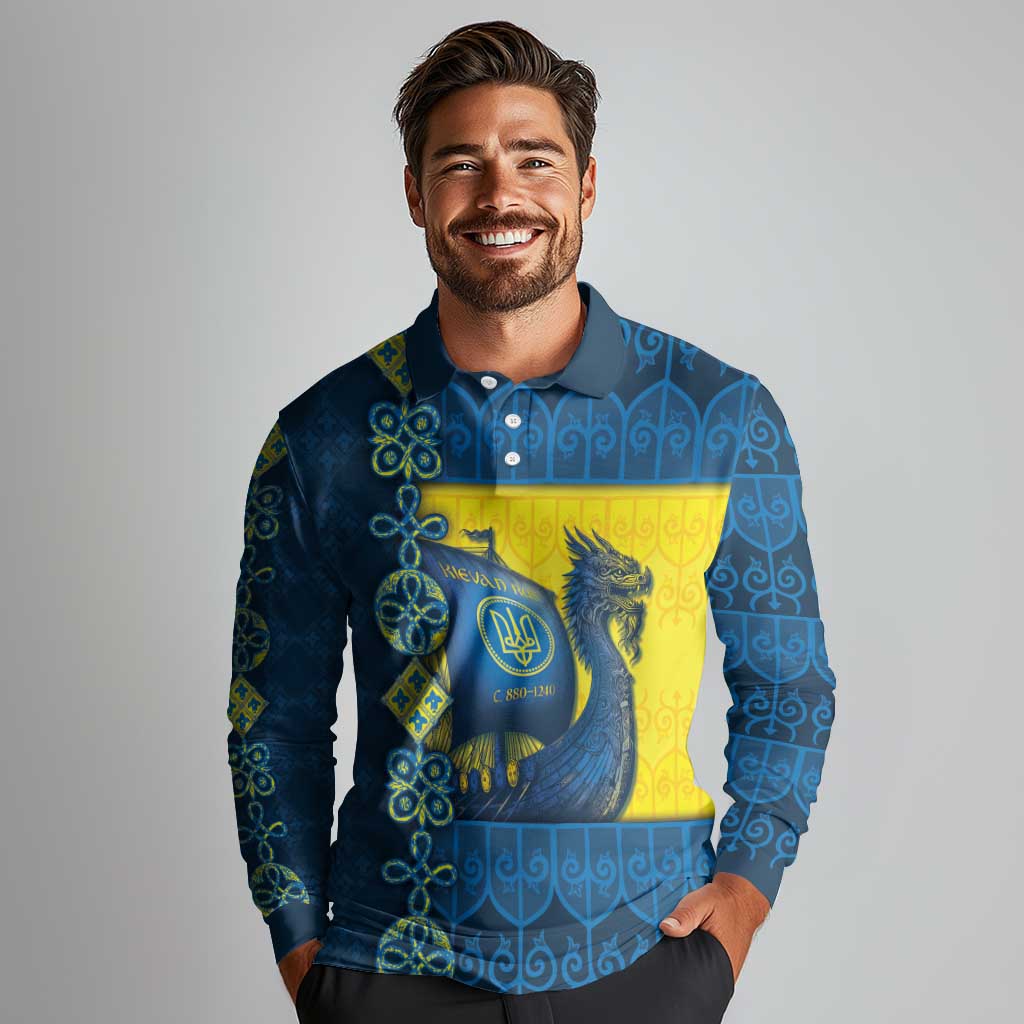 Kievan Rus Long Sleeve Polo Shirt Slavic Dragon Ship - Wonder Print Shop