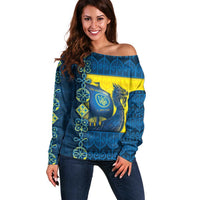 Kievan Rus Off Shoulder Sweater Slavic Dragon Ship - Wonder Print Shop