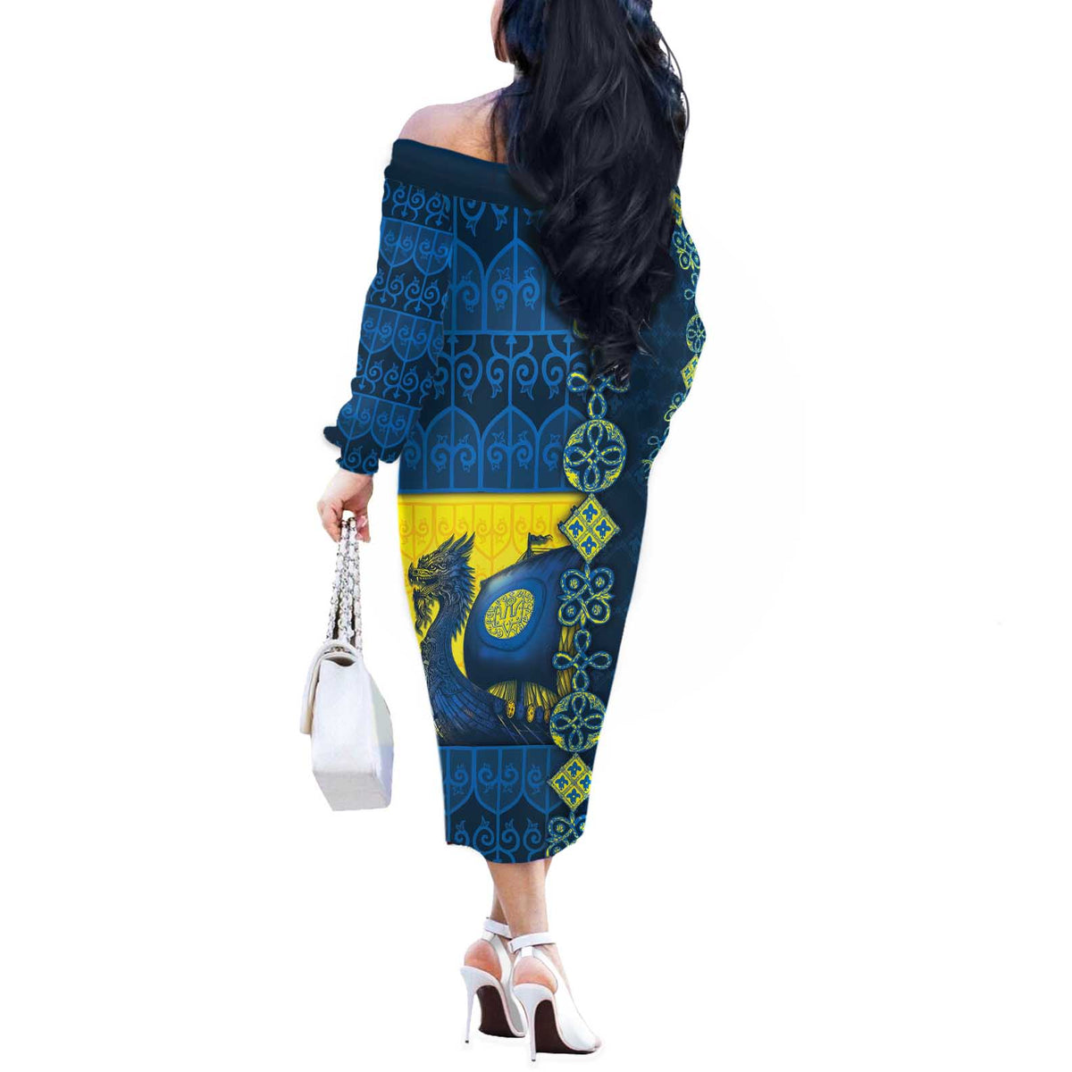 Kievan Rus Off The Shoulder Long Sleeve Dress Slavic Dragon Ship - Wonder Print Shop