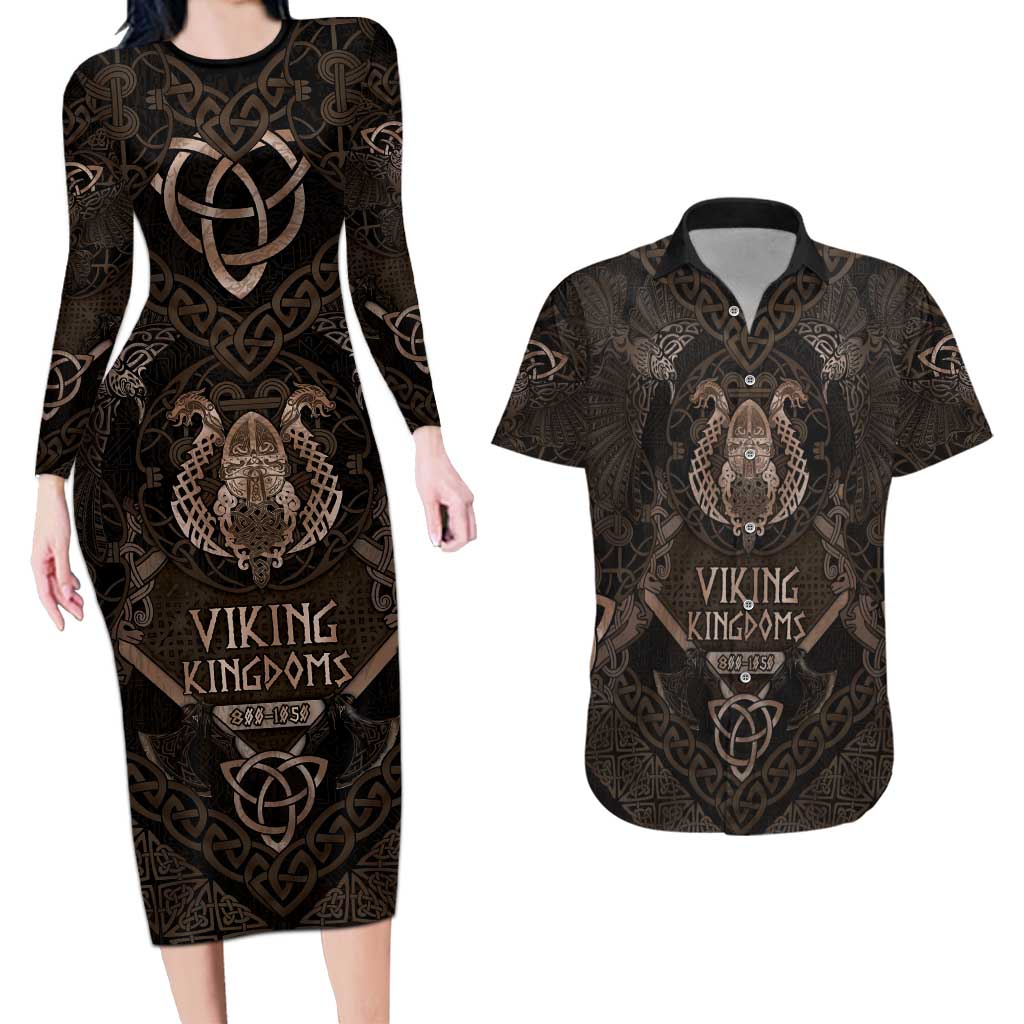 The Viking World Tour Couples Matching Long Sleeve Bodycon Dress and Hawaiian Shirt Ancient Celtic Knot Patterns - Wonder Print Shop