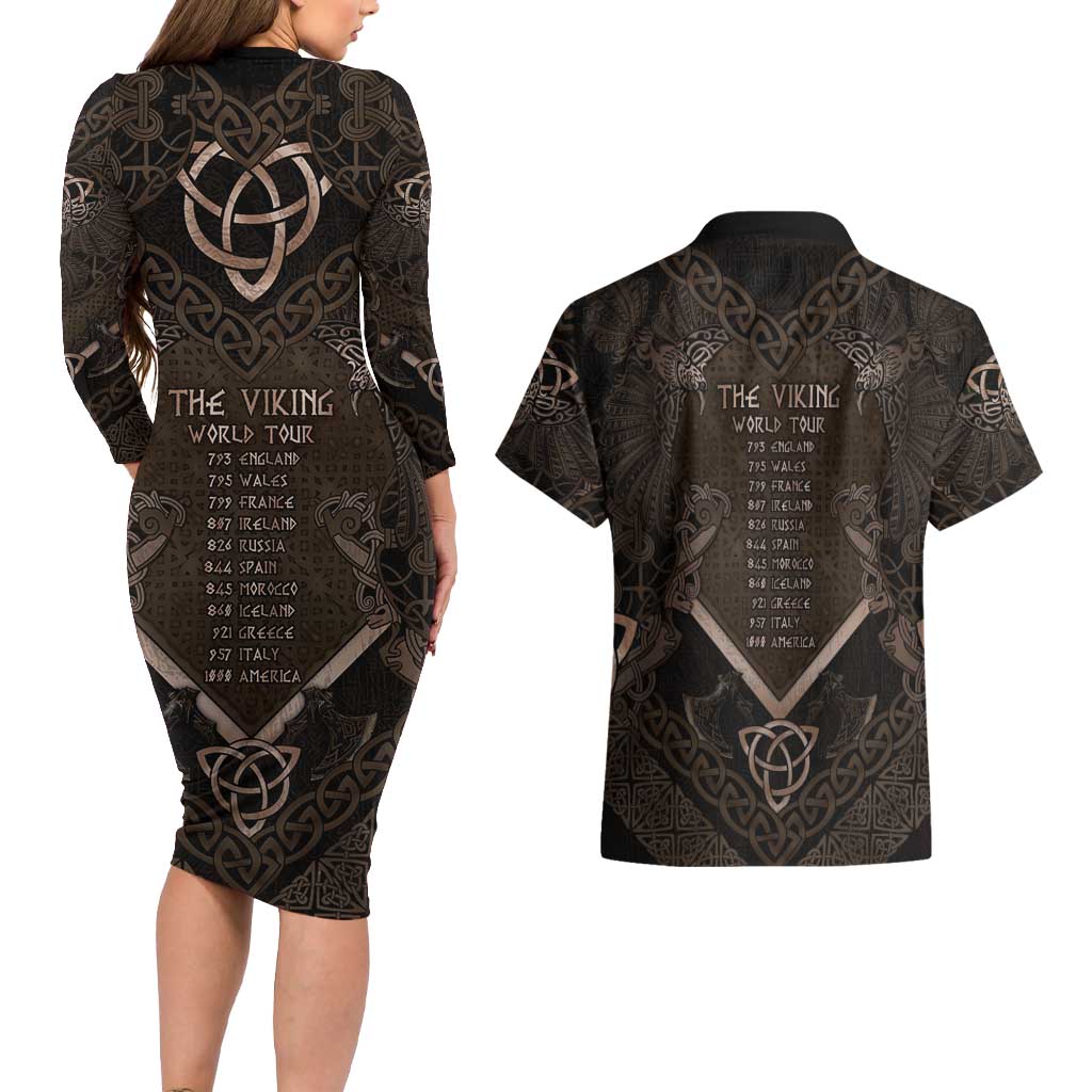 The Viking World Tour Couples Matching Long Sleeve Bodycon Dress and Hawaiian Shirt Ancient Celtic Knot Patterns - Wonder Print Shop
