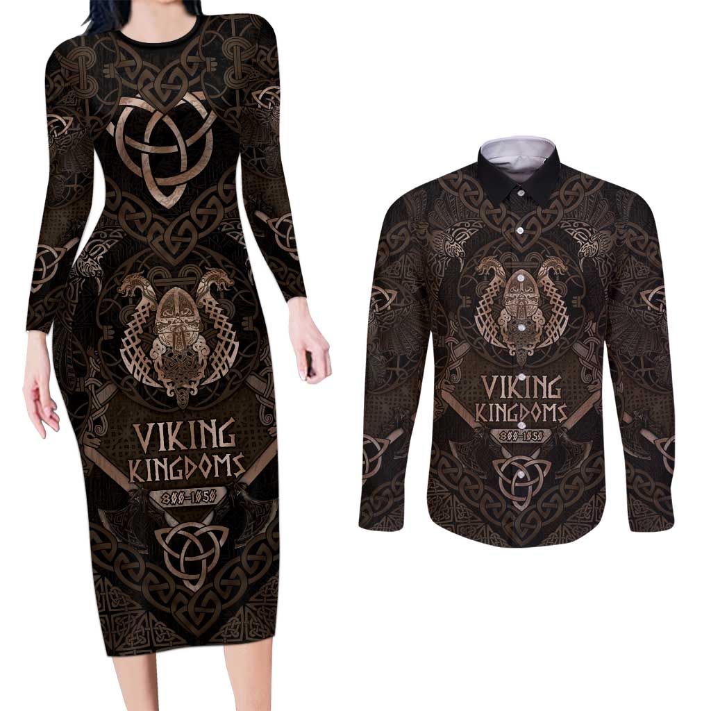 The Viking World Tour Couples Matching Long Sleeve Bodycon Dress and Long Sleeve Button Shirt Ancient Celtic Knot Patterns - Wonder Print Shop