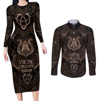 The Viking World Tour Couples Matching Long Sleeve Bodycon Dress and Long Sleeve Button Shirt Ancient Celtic Knot Patterns - Wonder Print Shop