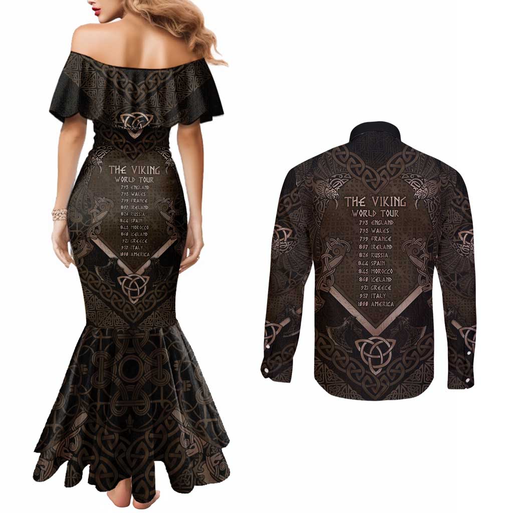 The Viking World Tour Couples Matching Mermaid Dress and Long Sleeve Button Shirt Ancient Celtic Knot Patterns - Wonder Print Shop