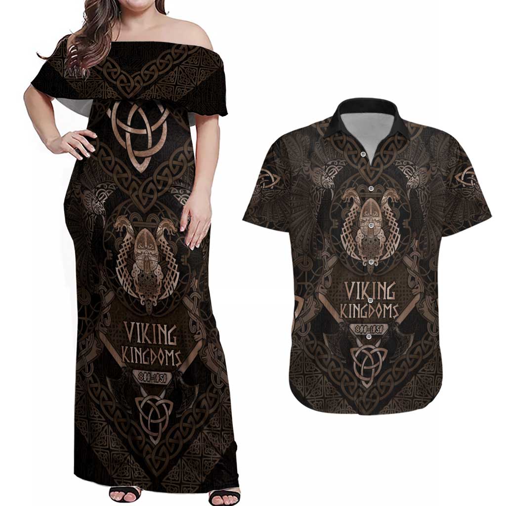 The Viking World Tour Couples Matching Off Shoulder Maxi Dress and Hawaiian Shirt Ancient Celtic Knot Patterns - Wonder Print Shop