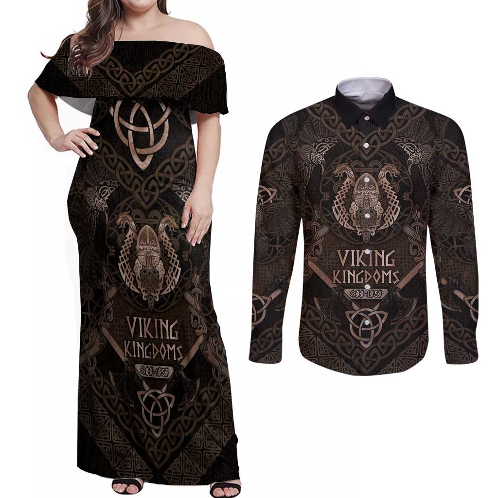 The Viking World Tour Couples Matching Off Shoulder Maxi Dress and Long Sleeve Button Shirt Ancient Celtic Knot Patterns - Wonder Print Shop