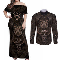 The Viking World Tour Couples Matching Off Shoulder Maxi Dress and Long Sleeve Button Shirt Ancient Celtic Knot Patterns - Wonder Print Shop