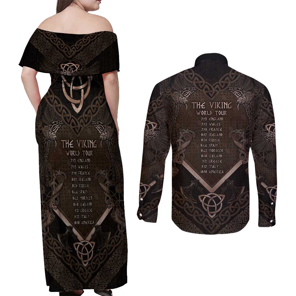 The Viking World Tour Couples Matching Off Shoulder Maxi Dress and Long Sleeve Button Shirt Ancient Celtic Knot Patterns - Wonder Print Shop