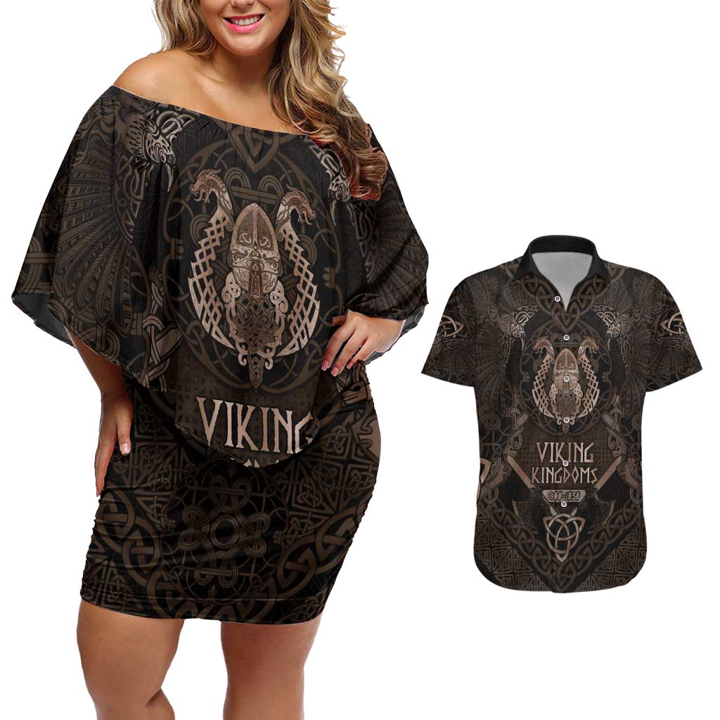 The Viking World Tour Couples Matching Off Shoulder Short Dress and Hawaiian Shirt Ancient Celtic Knot Patterns - Wonder Print Shop