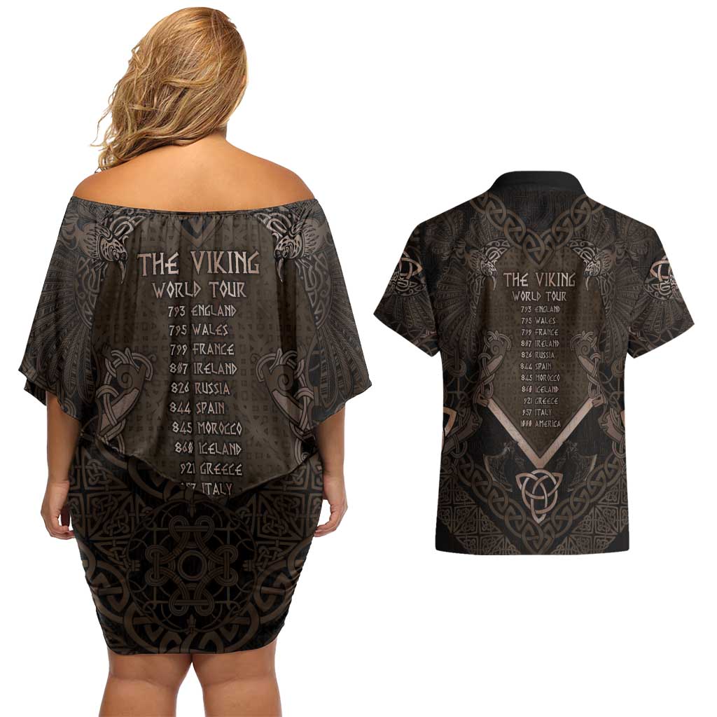 The Viking World Tour Couples Matching Off Shoulder Short Dress and Hawaiian Shirt Ancient Celtic Knot Patterns - Wonder Print Shop