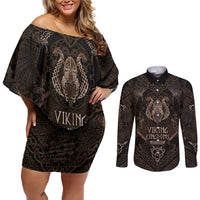The Viking World Tour Couples Matching Off Shoulder Short Dress and Long Sleeve Button Shirt Ancient Celtic Knot Patterns - Wonder Print Shop
