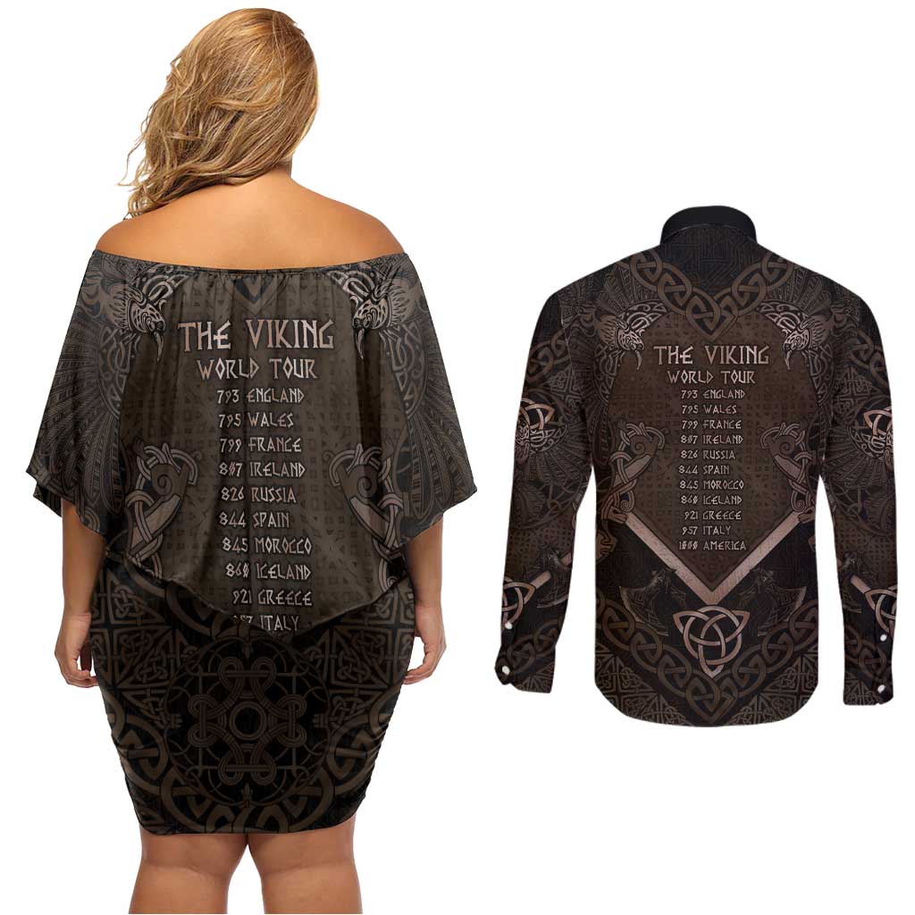 The Viking World Tour Couples Matching Off Shoulder Short Dress and Long Sleeve Button Shirt Ancient Celtic Knot Patterns - Wonder Print Shop